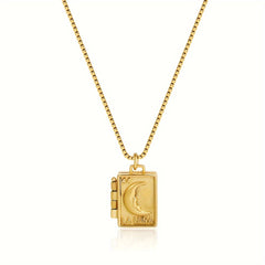 Vintage Style Locket Pendant Necklace Moon & Heart Engraved Photo Frame Charm