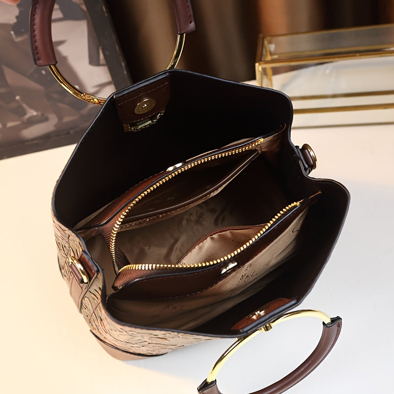 Vintage Flower Pattern Handbag Bucket Bag Women's Crossbody Purse