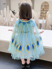 Girls Cartoon Peacock Mesh Princess Cape for Party Performance