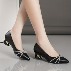 Women's Rhinestone Knot Chunky Heels Pointed Toe Pumps