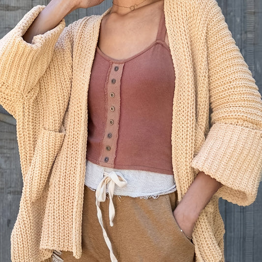 Solid Long Sleeve Open Front Cardigan With Pockets