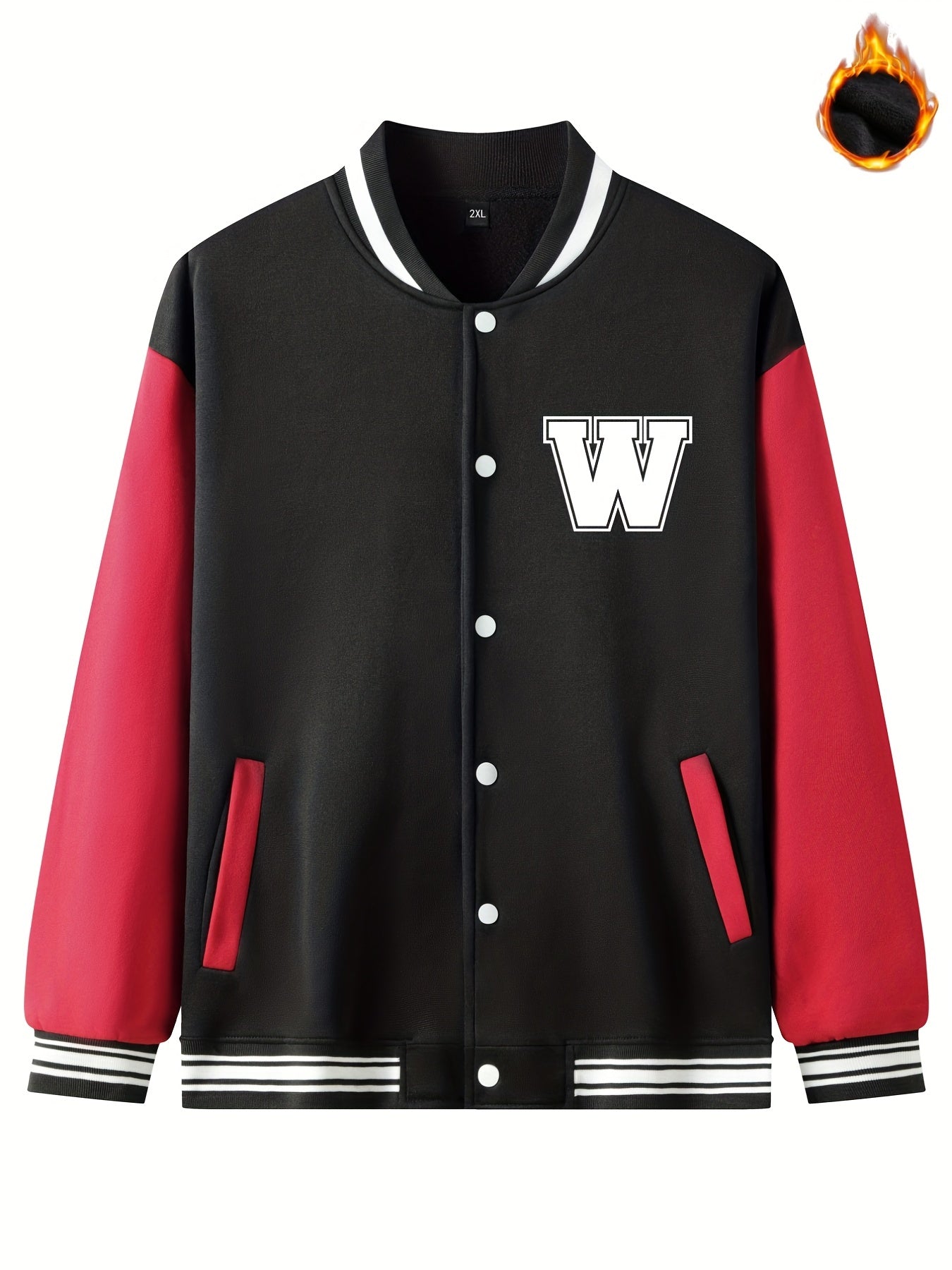 Men's Casual Baseball Jacket W Print Button Fleece Coat Block Outerwear Top