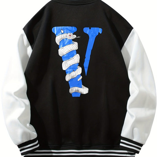 V Letter Print Snake Pattern Graphic Baseball Jacket Men's Clothes