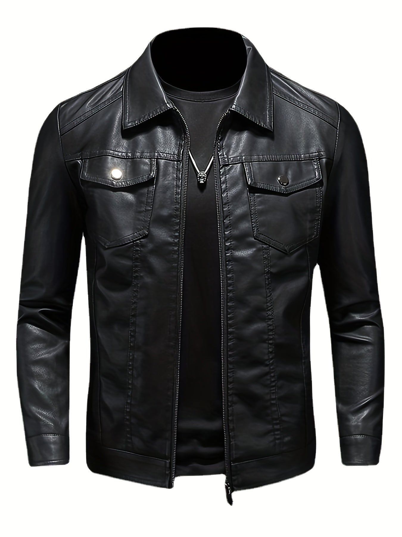 PU Biker Jacket Men's Zip Up Faux Leather Spring Fall