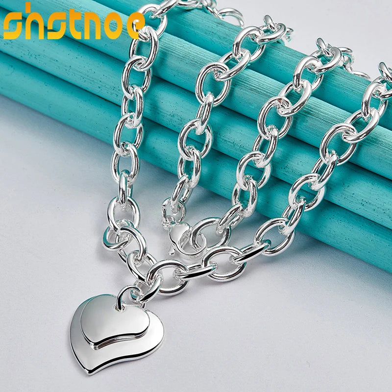 925 Silver Double Heart Pendant Necklace 18-Inch Chain