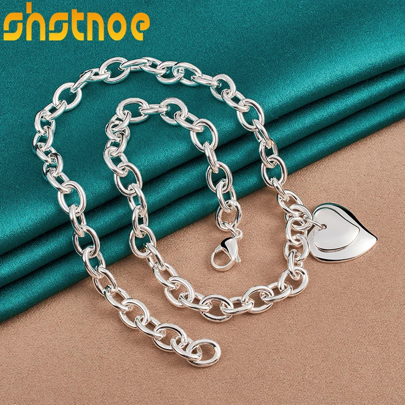 925 Silver Double Heart Pendant Necklace 18-Inch Chain