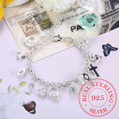 925 Silver Charms Bracelet with Zircon Heart Star Moon Flower, Women's Jewelry