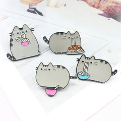 Cute Gray Cat Eating Noodle Brooch