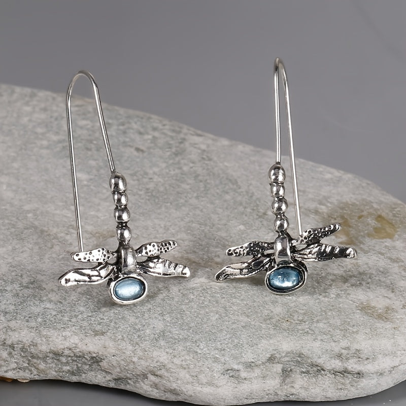 Vintage Dragonfly Stud Earrings with Oval Synthetic Gems for Party