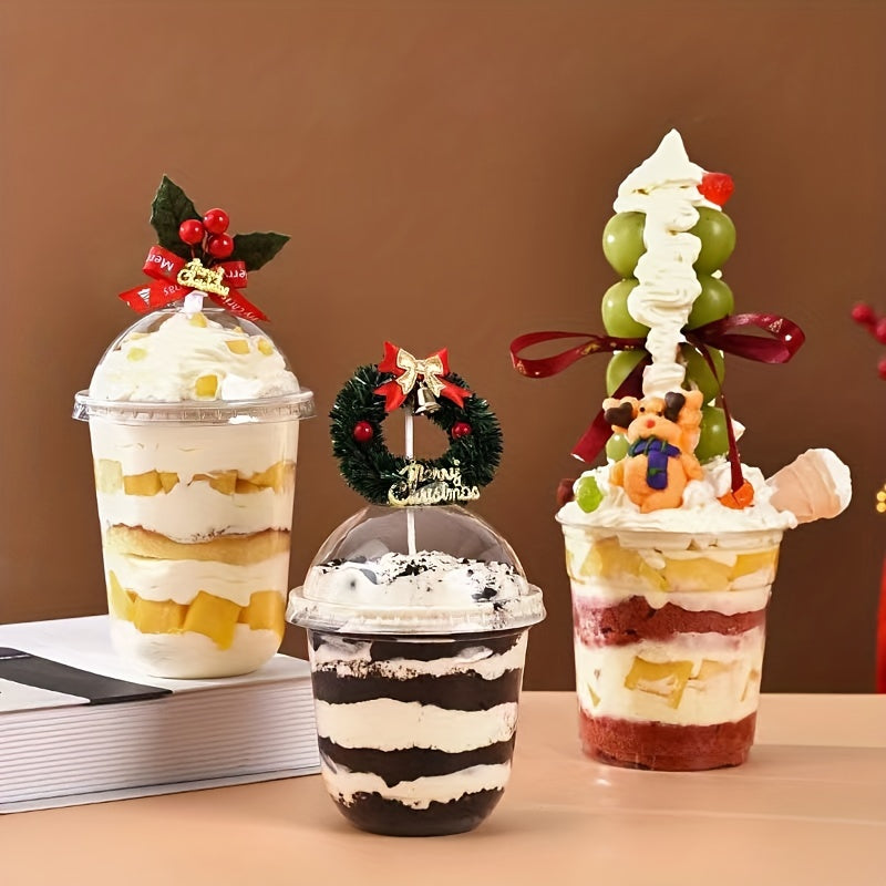 50 Disposable Plastic Cups & Lids for Drinks & Desserts Christmas Party