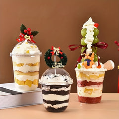 50 Disposable Plastic Cups & Lids for Drinks & Desserts Christmas Party