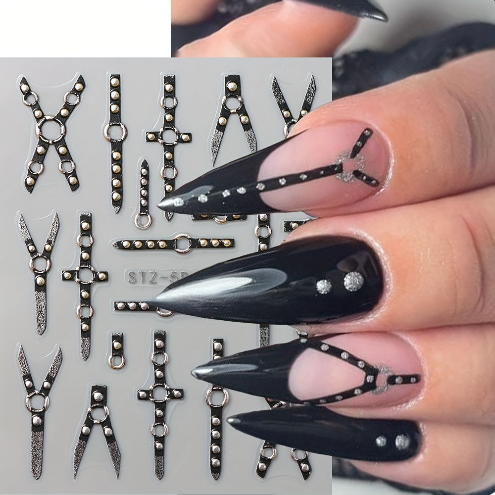 5D Gothic Skull Cross Nail Decals with Glitter Finish
