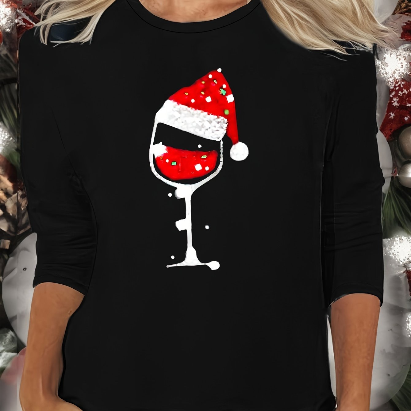 Christmas Hat Print Lounge Top Long Sleeve Crew Neck Women's Pajama