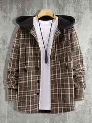 Men's Plaid Shirt Jacket Hooded Long Sleeves Coat