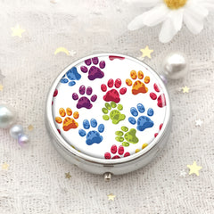 Colorful Dog Paw Print Round Pill Box Medicine Vitamin Organizer