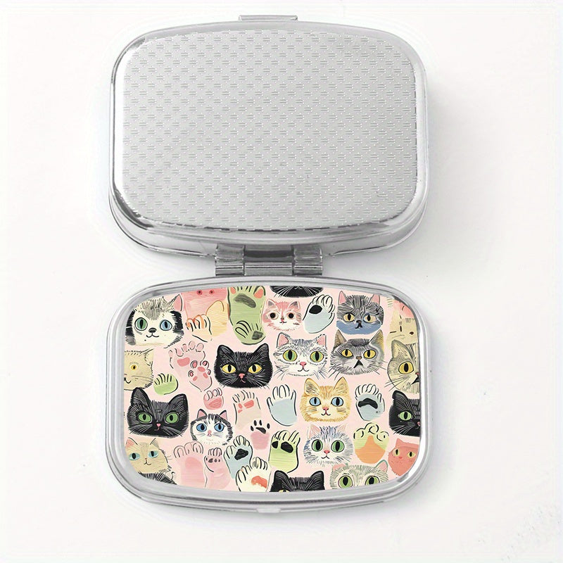 Whimsical Cat Square Pill Box Dual Compartments Compact Portable Travel Outdoor