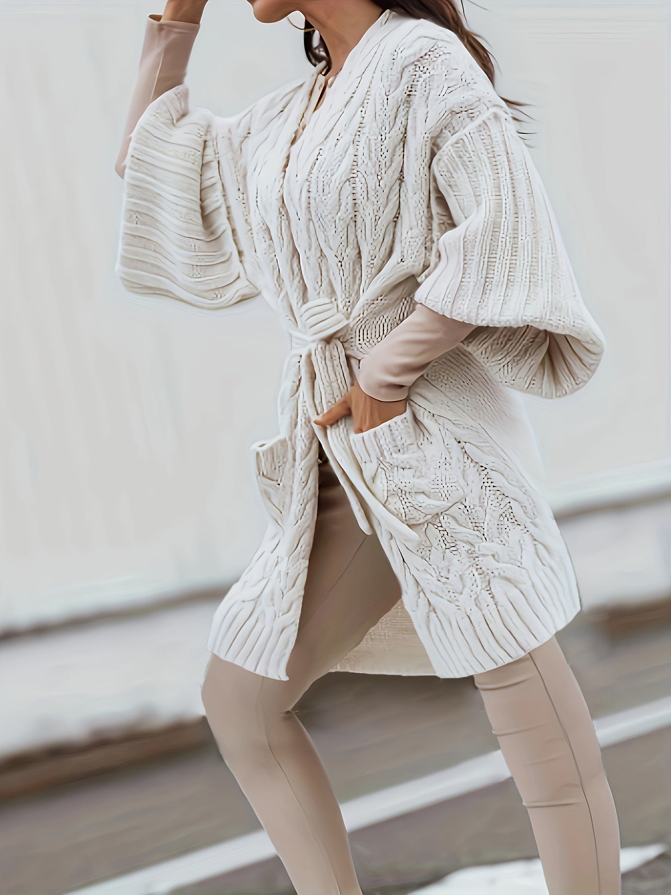 Solid Half Sleeve Belted Cardigan With Pockets