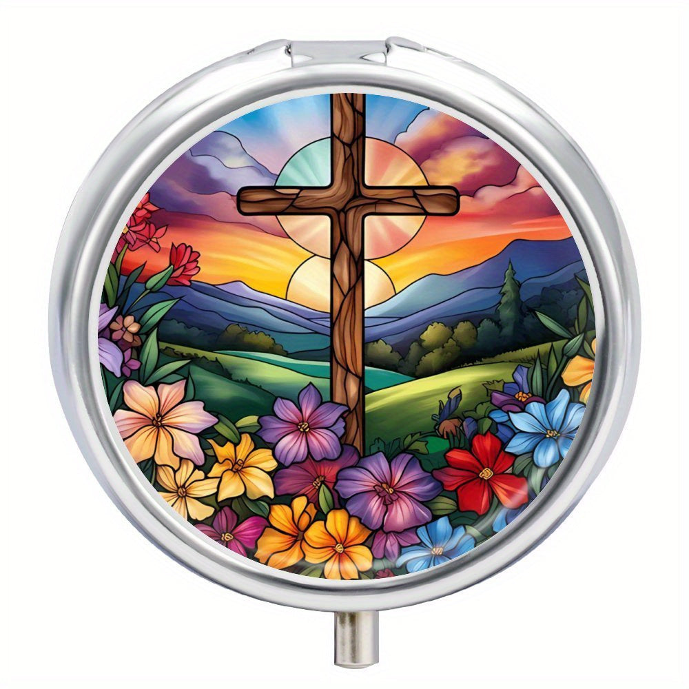 Stained Glass Cross Pill Organizer 2 Compartment Portable Medicine Case