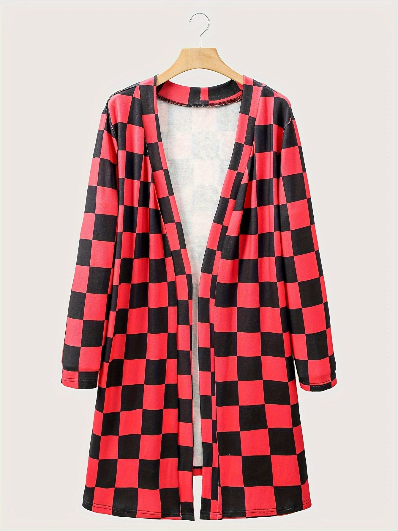 Checker Print Open Front Cardigan