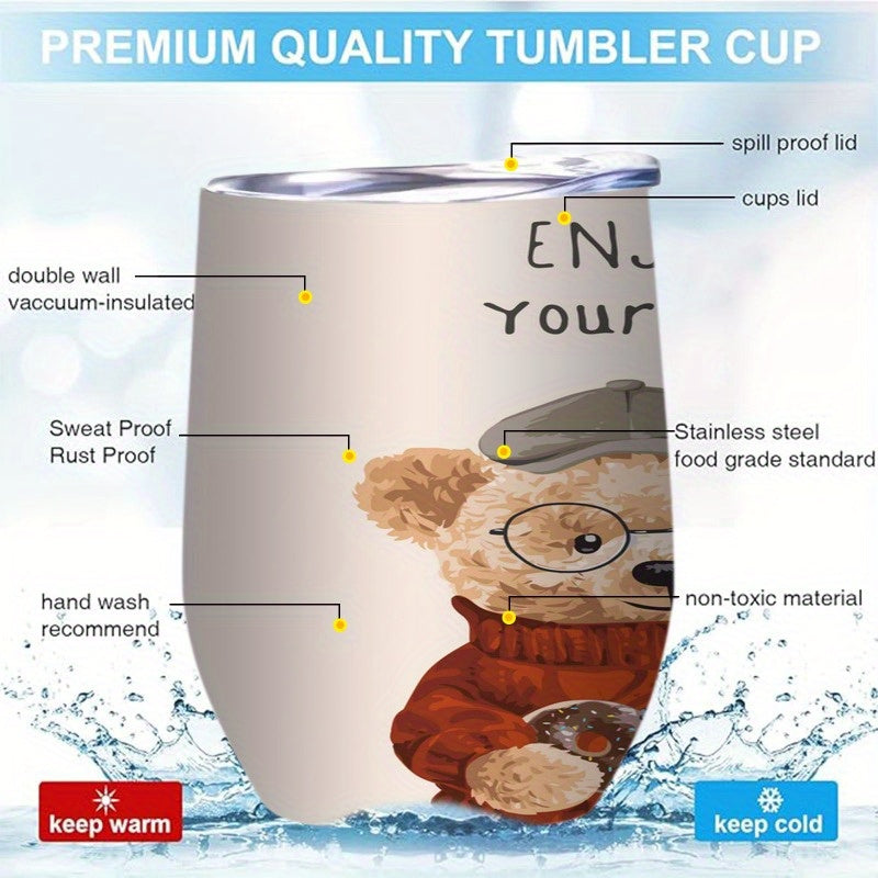 Stainless Steel Insulated Coffee Cup with Bear Enjoy Yourself Print