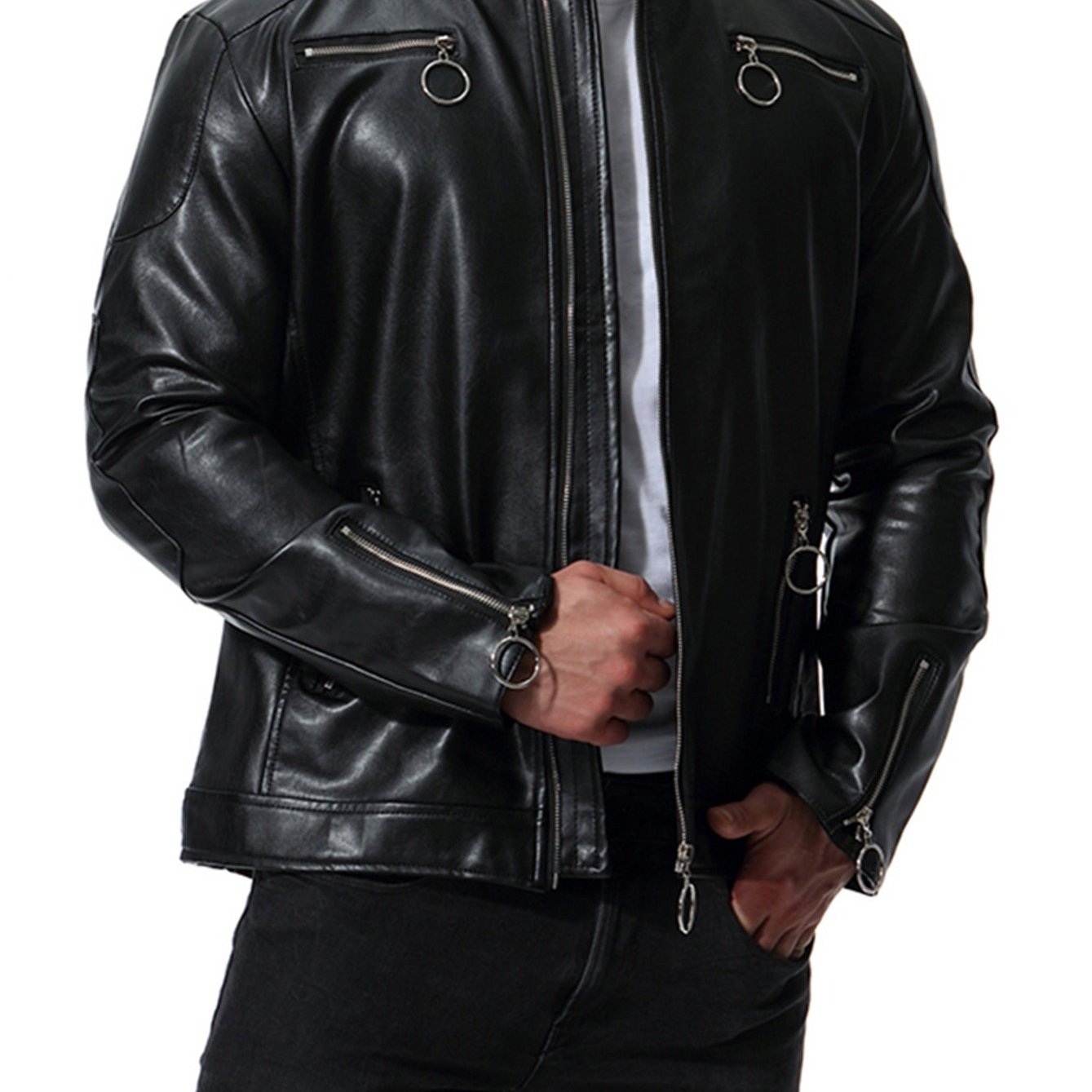 Men's Slim Fit PU Leather Jacket with Stand Collar