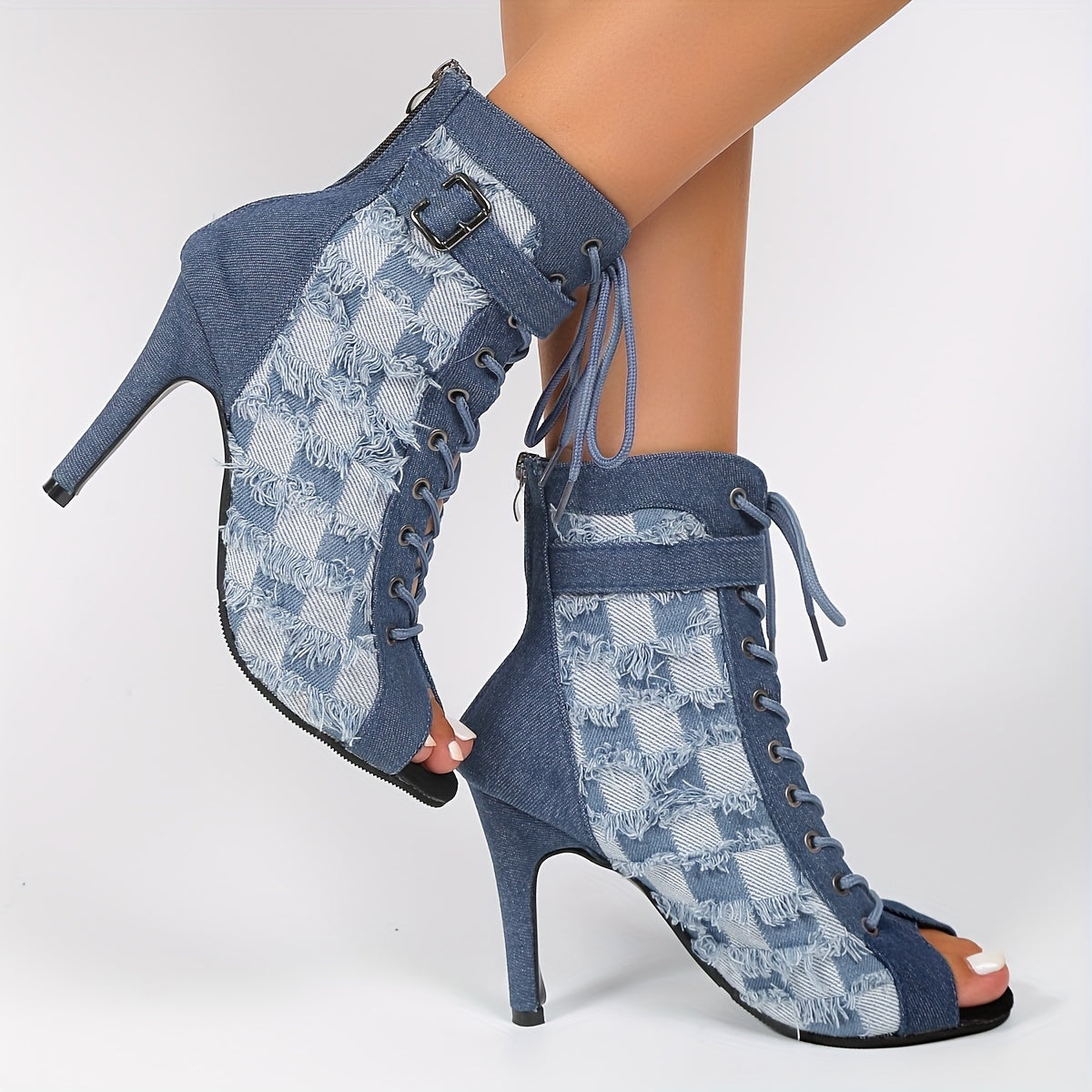 Women's Denim Plaid Stiletto Heels Peep Toe Pumps