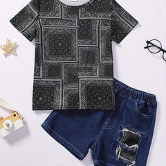 Boys Allover Print Casual Outfit Round Neck T shirt & Denim Shorts Set