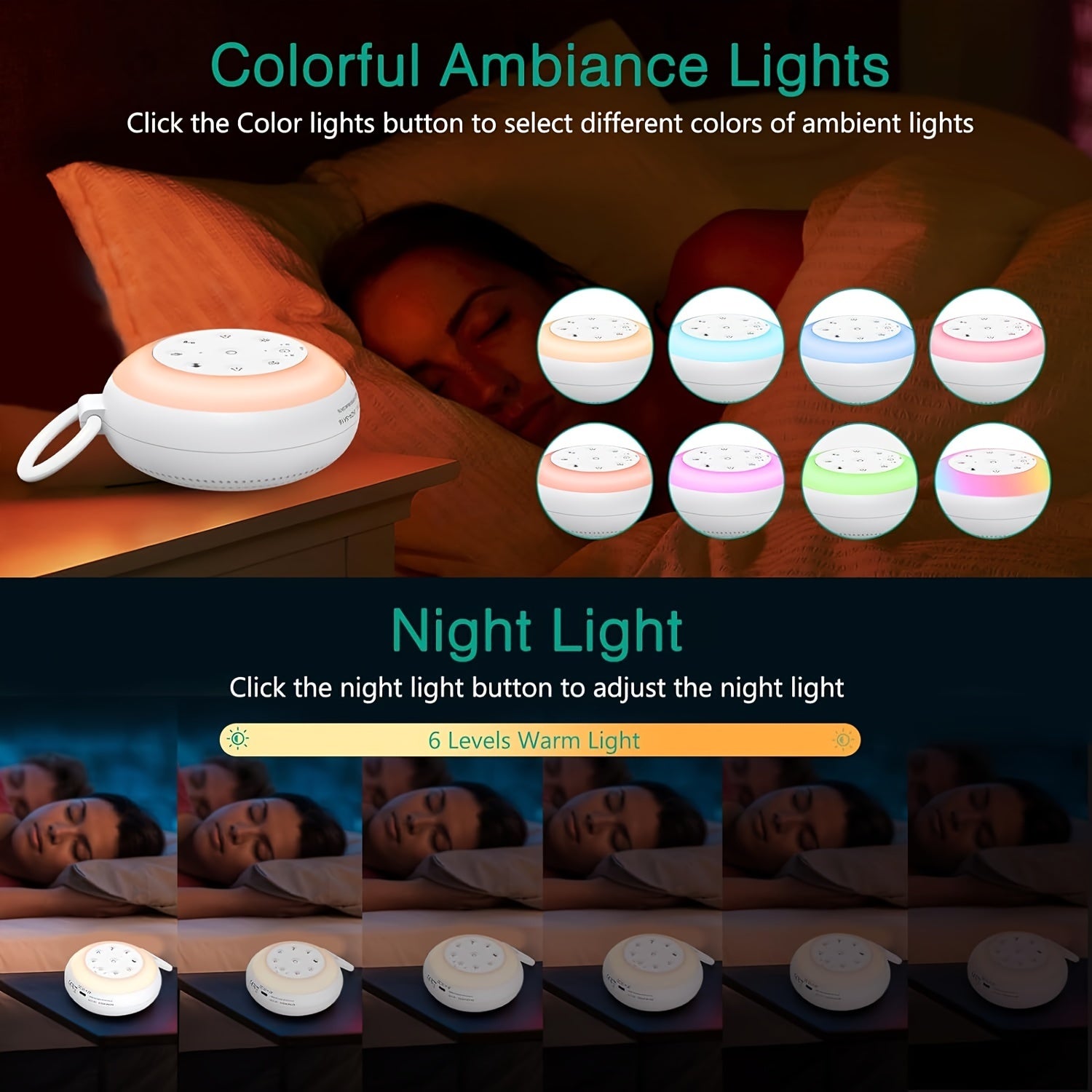 SA18 Noise Sound Machine 24 Options Night Light Hook USB Rechargeable