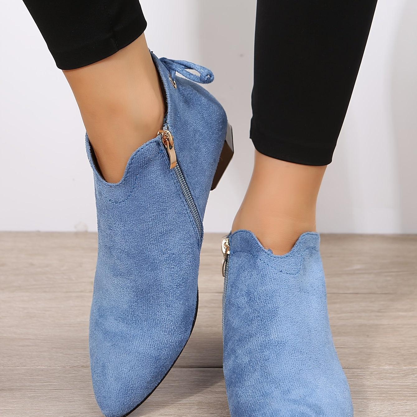 Women's Low Heel Ankle Boots Pointed Toe Side Zipper Block Heels