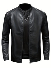 Men's Retro PU Biker Jacket Zip Up Stand Collar