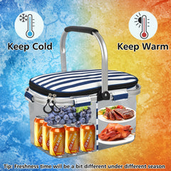 32L Large Picnic Basket with Insulated Aluminum Frame - Foldable and Stylish