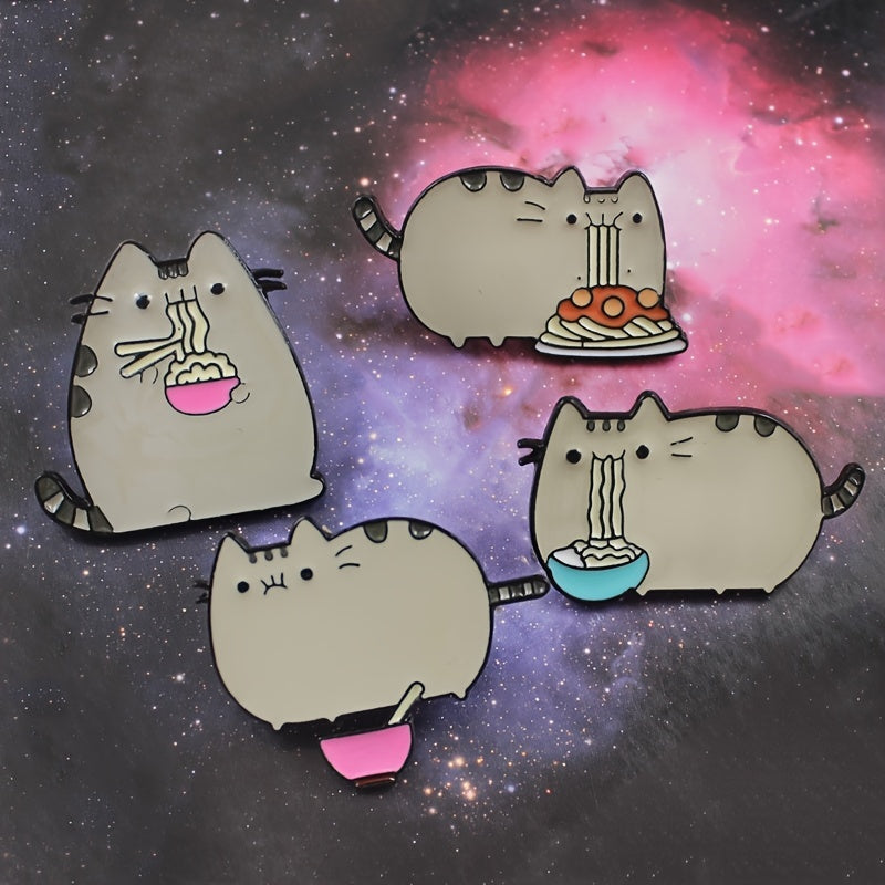 Cute Gray Cat Eating Noodle Brooch