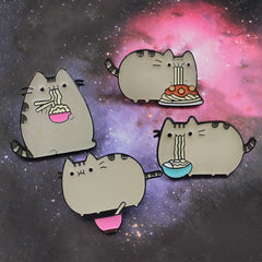 Cute Gray Cat Eating Noodle Brooch