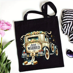 Vintage Wedding Truck Print Canvas Tote Bag