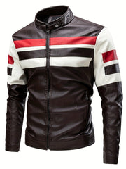 Men's Striped Leather Jacket Stand Collar Motorcycle Coat