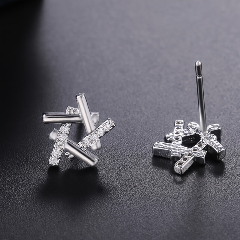 925 Silver Plated Star Stud Earrings Zircon Micro Paved Bridal Jewelry Women