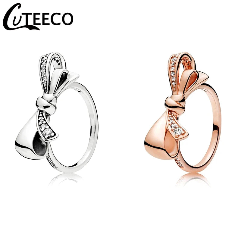 Silver Bow Knot Wedding Ring for Women Engagement Crystal Rings