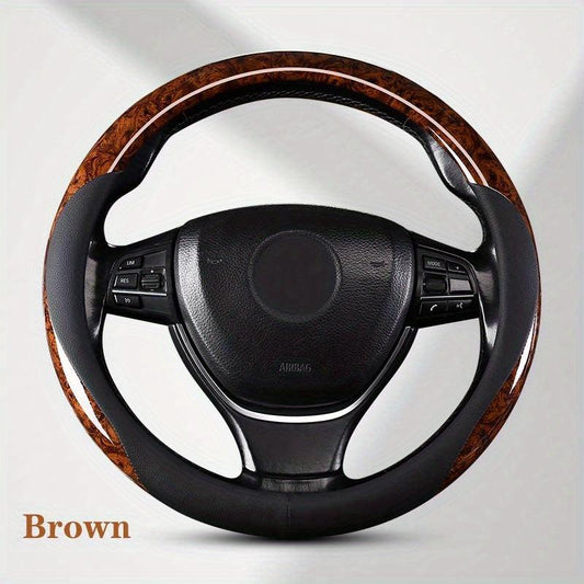 Leather Steering Wheel Cover with Peach Wood Grain - Upgrade Your Ride!