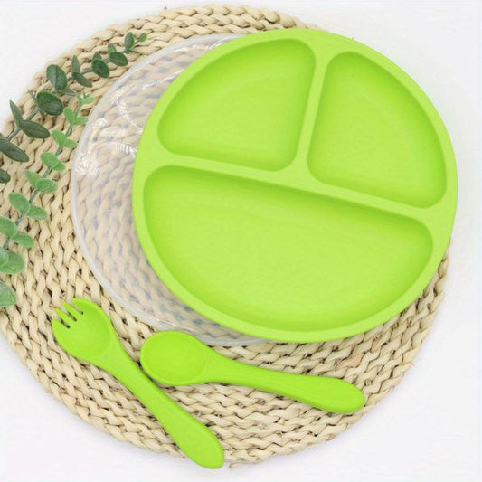 4pcs Silicone Baby Feeding Set Divided Plate Spoon Fork Weaning Supplies