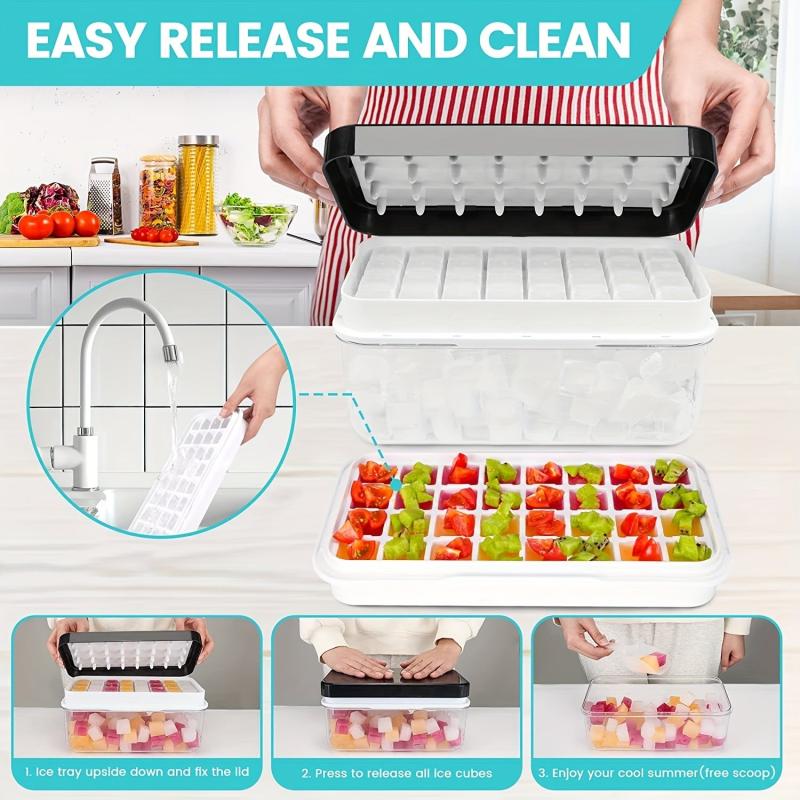 Ice Cube Tray with Bin, Lid, Spoon - Perfect for Cocktails