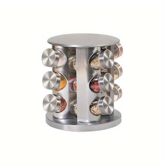Revolving Spice Rack Organizer with 12 Glass Jars - Stainless Steel Finish