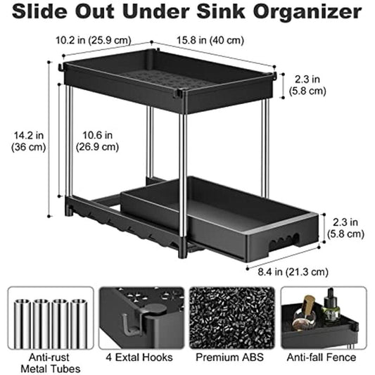 Large Capacity Under Sink Organizer with Sliding Drawer and Extra Hooks