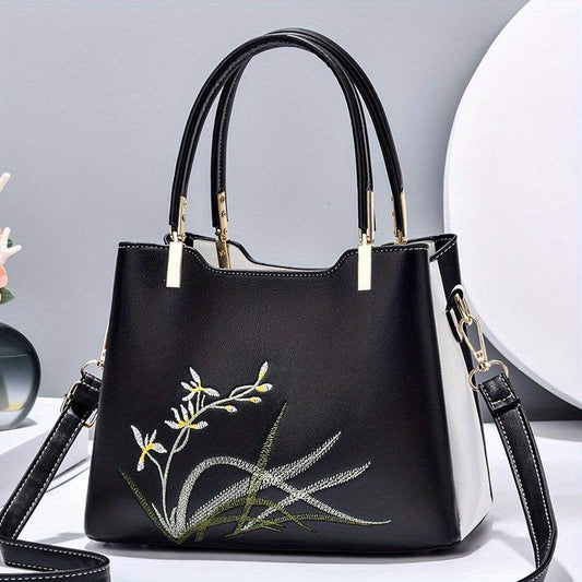 Floral Embroidered Shoulder Bag Top Handle Satchel Purse Classic Handbag