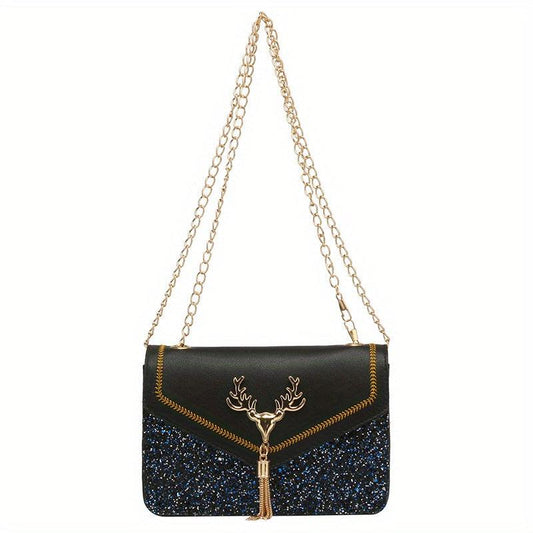 Sequined Chain Shoulder Bag Tassel Flap PU Crossbody Bag