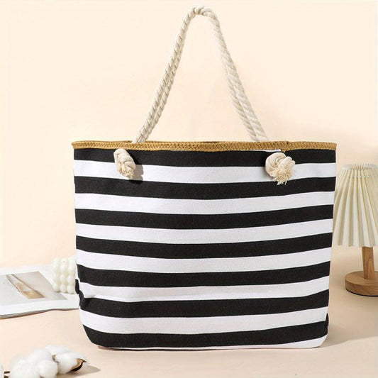 Striped Pattern Beach Bag Large Capacity Tote Bag Vacation Style Canvas