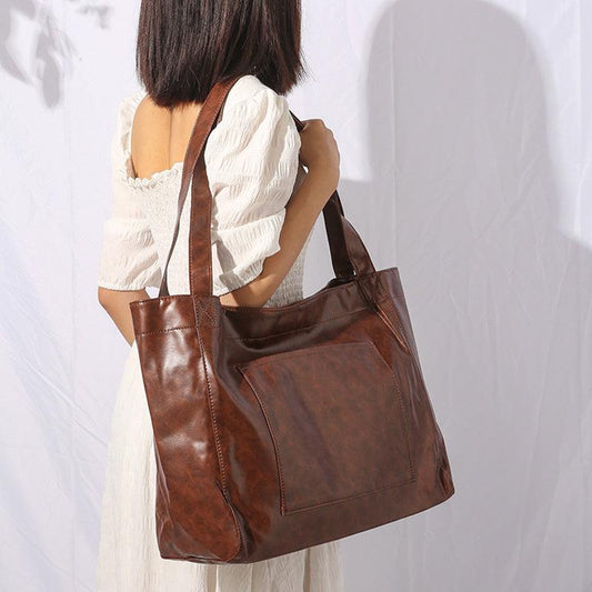 Large Capacity Solid Shoulder Bag PU Leather Retro Tote Bag Handbag