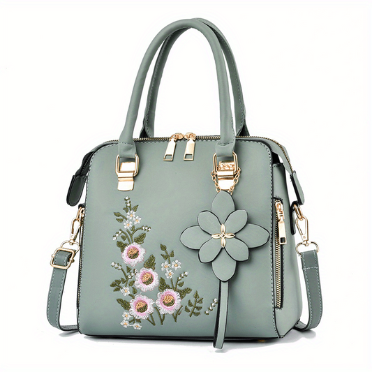 Embroidered Tote Bag Faux Leather Satchel Zip Shoulder Bag