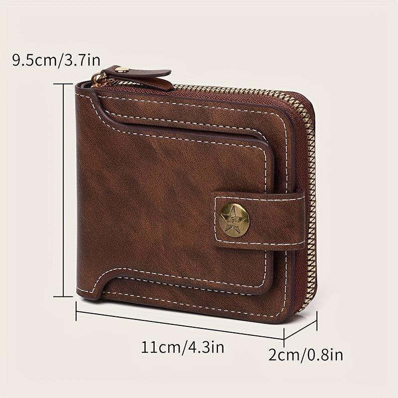 Men's PU Button Decor Zipper Credit Card Holder Bifold Wallet