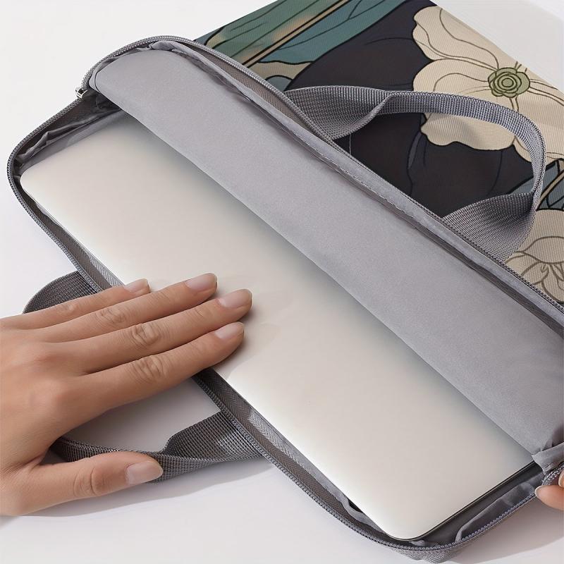 Cat with Peonies Laptop Sleeve 38cm Zip Closure Polyester Office College Commute