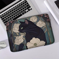 Cat with Peonies Laptop Sleeve 38cm Zip Closure Polyester Office College Commute